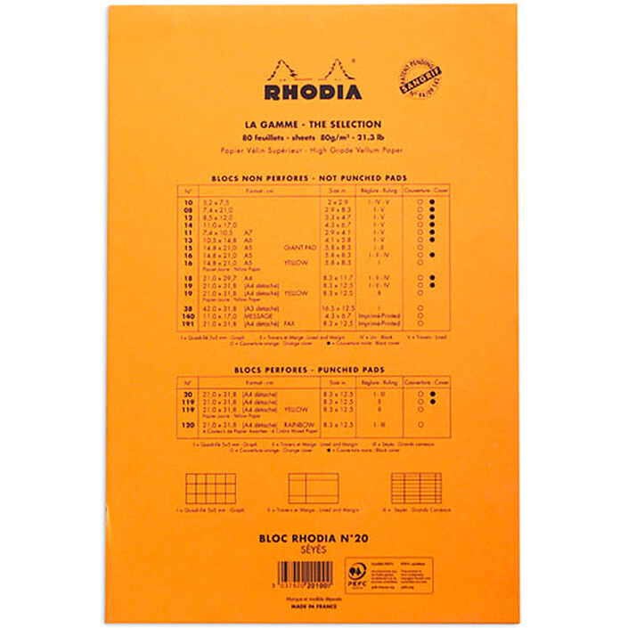 Avis Rhodia Bloc N°20 Orange agrafé en-tête 21 x 31.8 cm Seyès grands carreaux  160 pages perforées