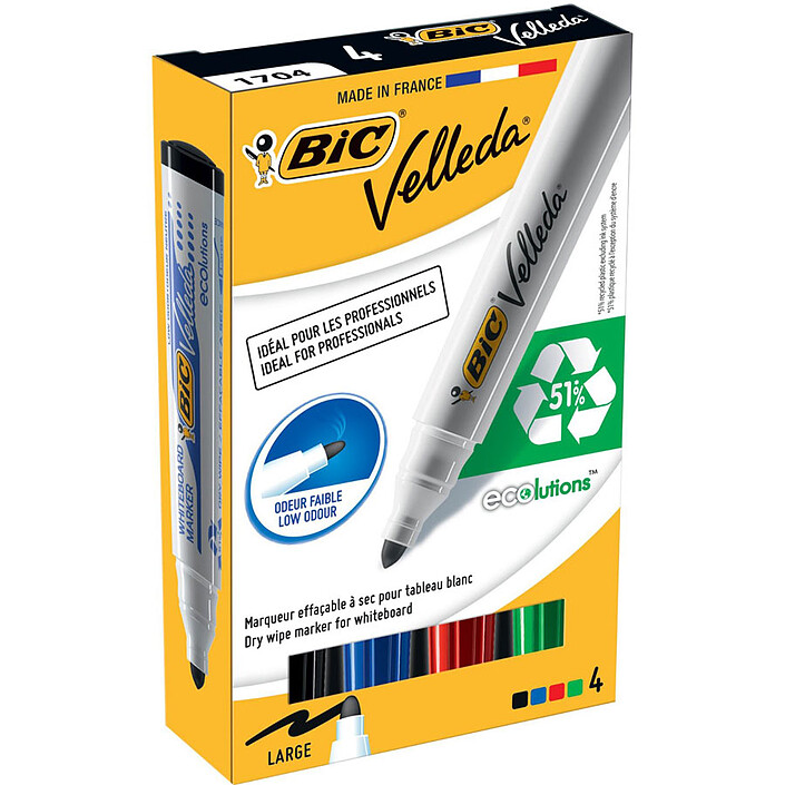 BIC Velleda 4 marqueurs effaçables 1704 pointe ogive assortis