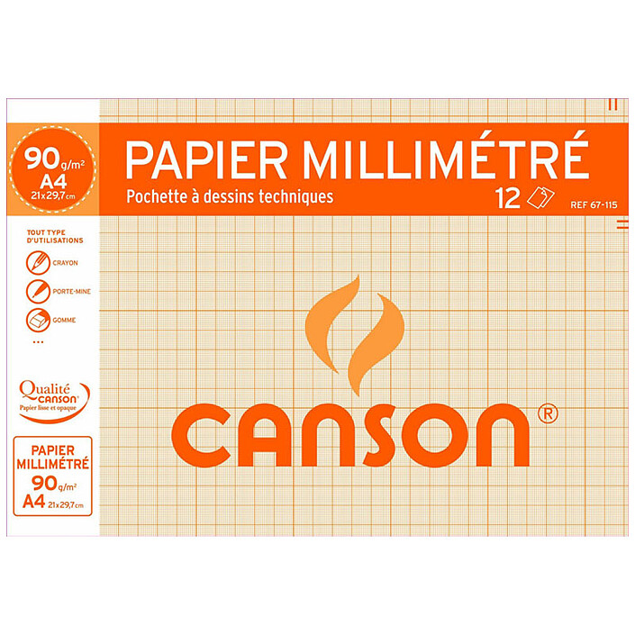 Canson Papier à dessin millimétré 12 feuilles A4 90g