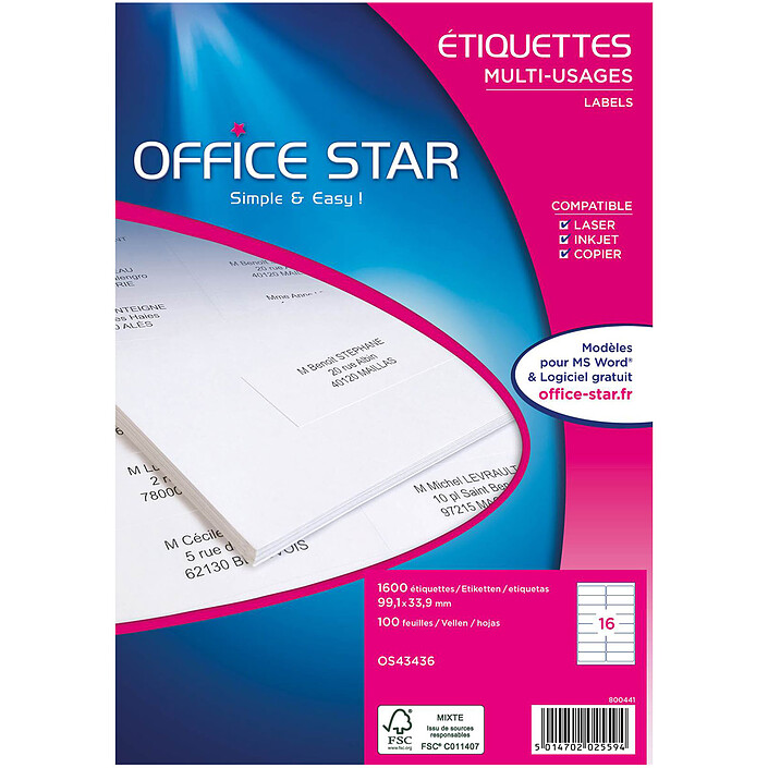 Office Star Etiquettes 99.1 x 33.9 mm x 1600