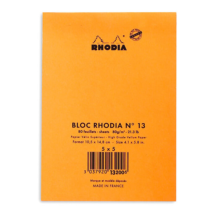 Avis Rhodia Bloc N°13 Orange agrafé en-tête 10.5 x 14.8 cm petits carreaux 5 x 5 mm 80 pages