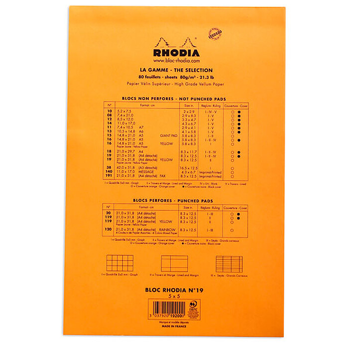 Avis Rhodia Bloc N°19 Orange agrafé en-tête 21 x 31.8 cm petits carreaux 5 x 5 mm 80 pages