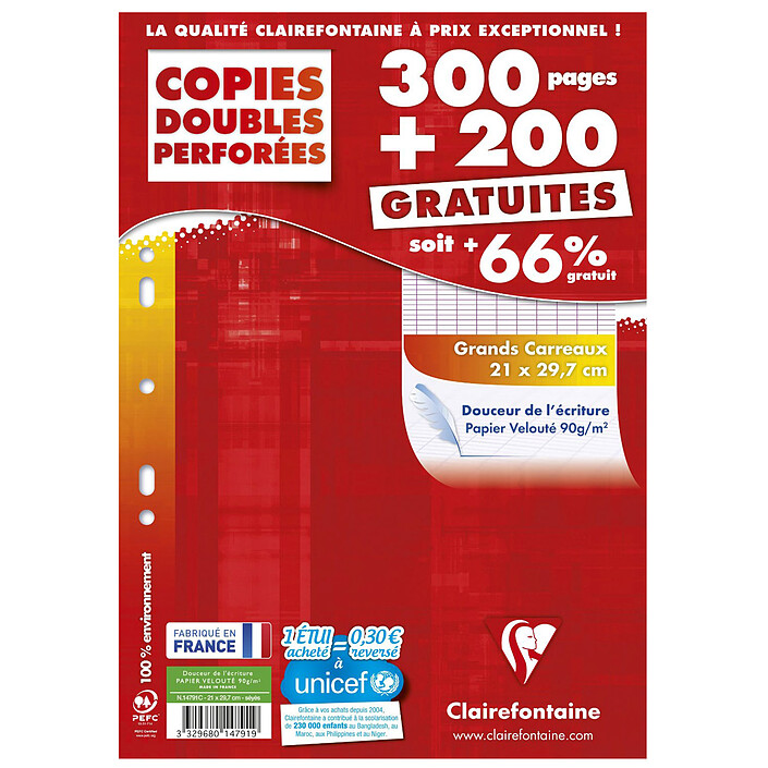 Clairefontaine Copies doubles perforées 300 pages + 200 GRATUITES A4 grands carreaux Séyès