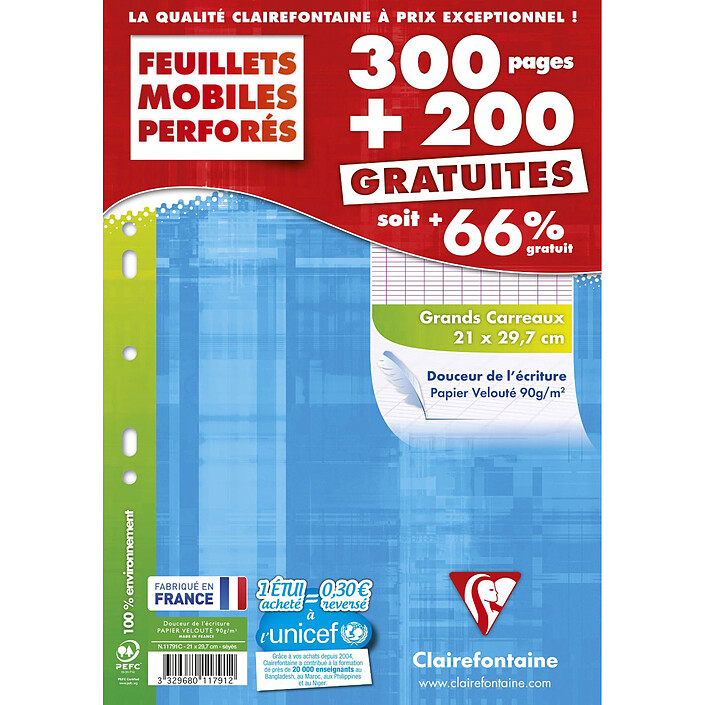 Clairefontaine Copies simples perforées 21 x 29.7 cm grands carreaux Seyes x 300 pages + 200 GRATUITES