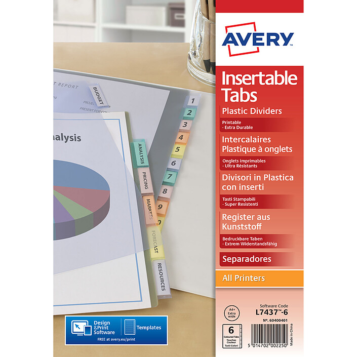 Avery intercalaire polypropylène A4+ à onglets personnalisables 6 touches