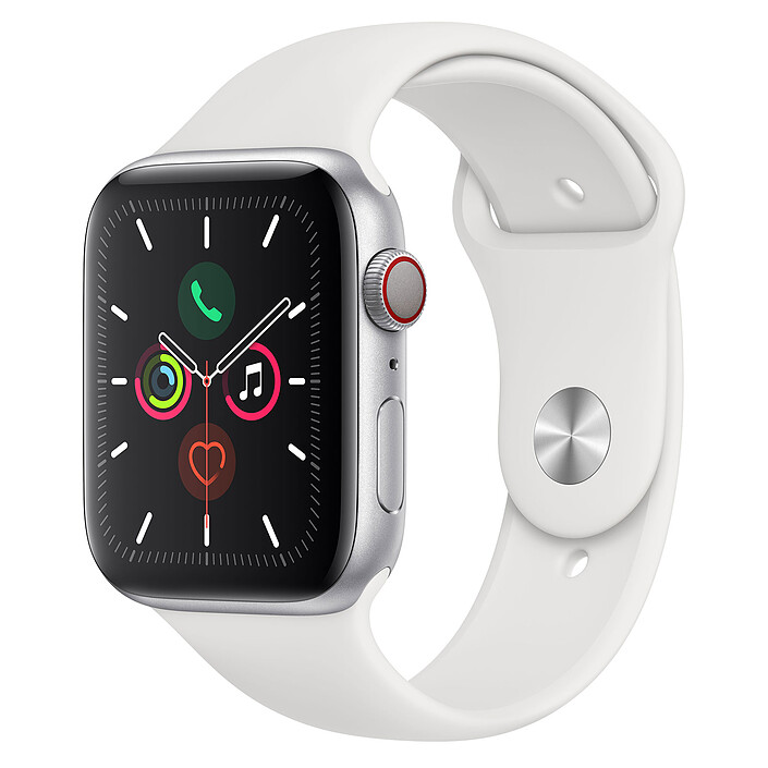 Apple Watch Series 5 GPS + Cellular Aluminium Argent Bracelet Sport Blanc 44 mm