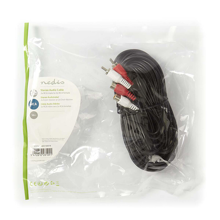 Nota Cavo audio stereo Nedis 2x RCA maschio - 2x RCA femmina - 10 m - Nero