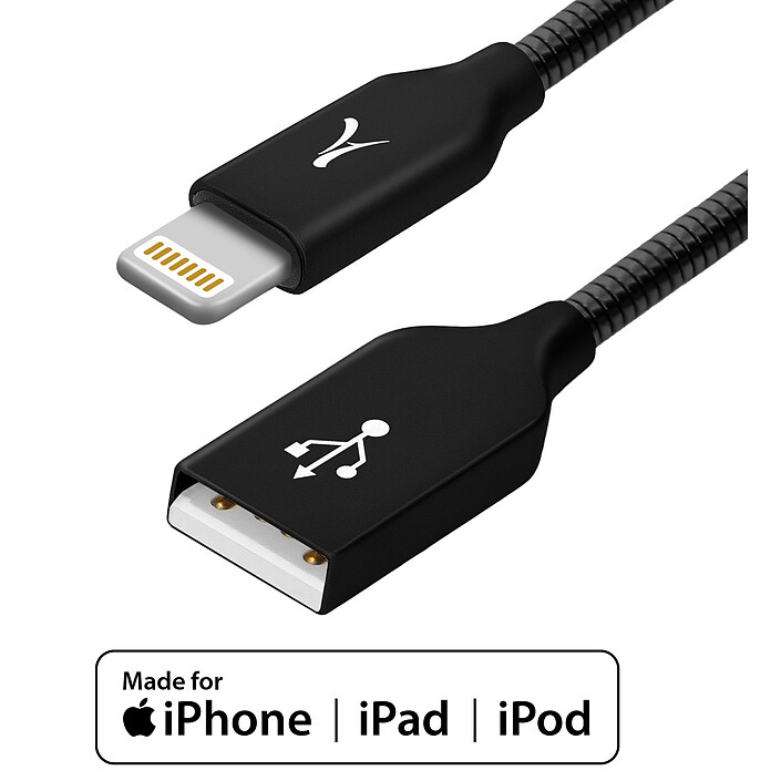 Akashi Câble Métallique Lightning Certifié MFI Noir