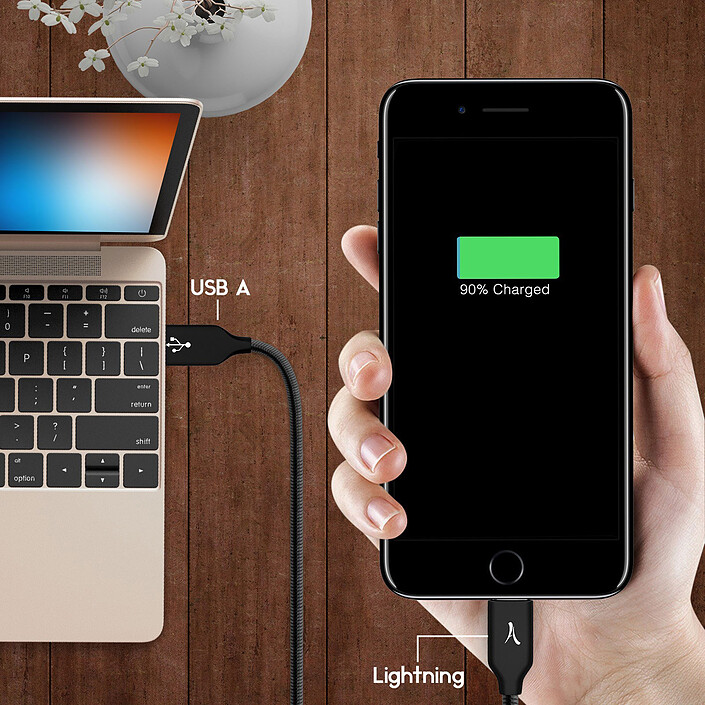 Akashi Câble Métallique Lightning Certifié MFI Noir pas cher