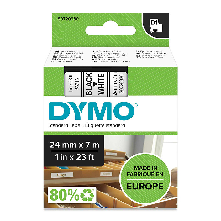 DYMO Ruban D1 Standard blanc sur noir 24 mm x 7 m