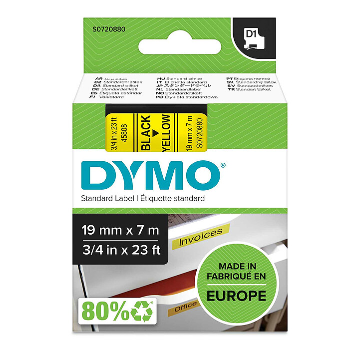 DYMO Ruban D1 Standard - noir sur jaune 19 mm x 7 m