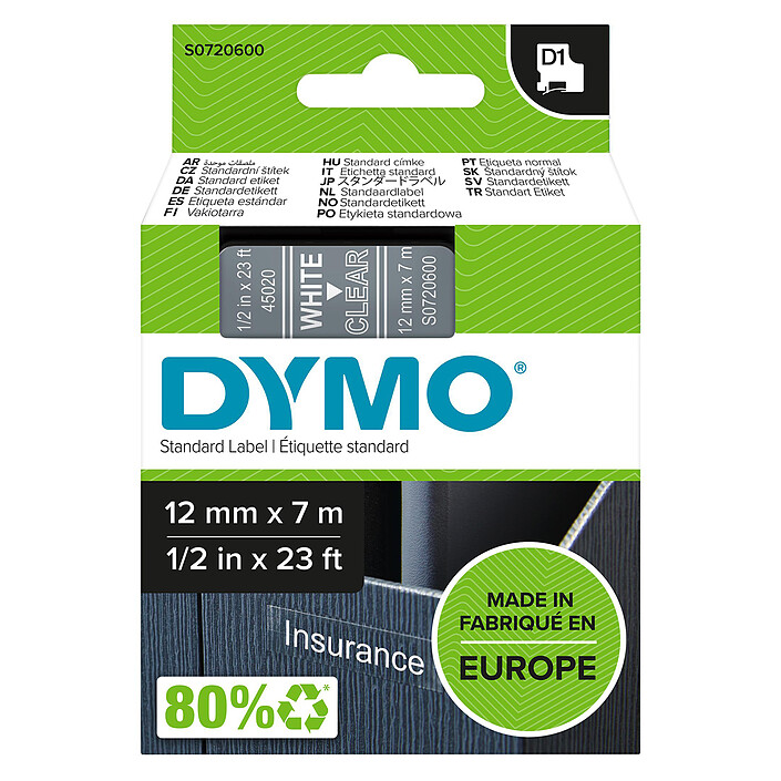 DYMO D1 Standard Label Tape white on transparent 12mm x 7m
