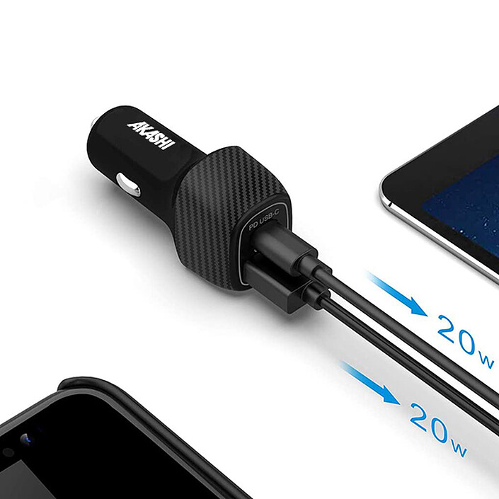 Acheter Akashi Turbo Chargeur Allume Cigare USB-C 20W + USB-A Quick Charge 3.0