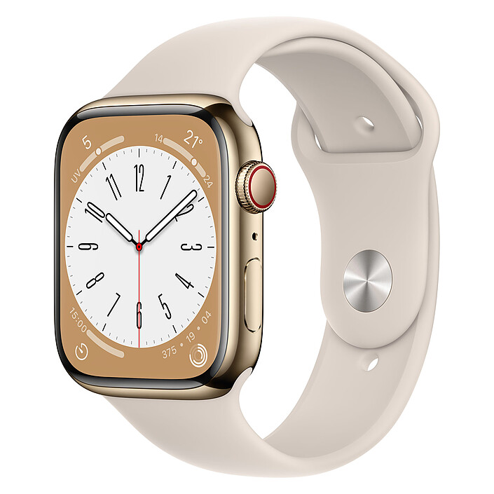 Apple Watch Series 8 GPS + Cellular Acier Inoxydable Lumière stellaire Sport Band 45 mm