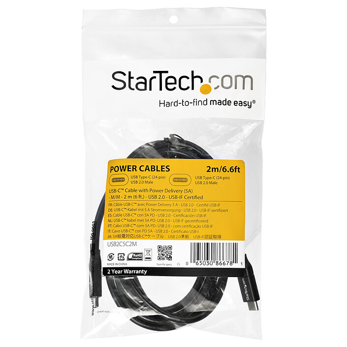 Acheter StarTech.com Câble USB-C vers USB-C avec Power Delivery 5A de 2 m - USB 2.0 - Noir