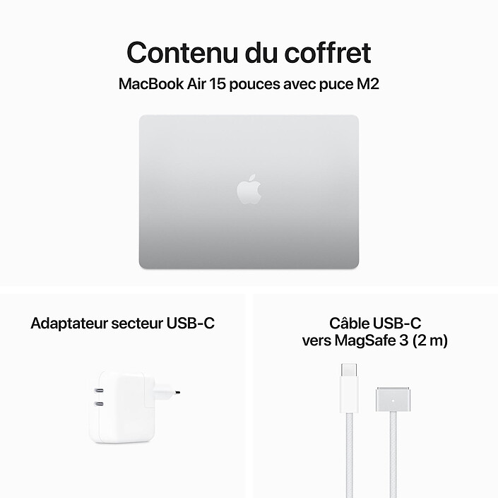 Apple MacBook Air M2 15 pouces (2023) Argent 24 Go/512 Go (MQKT3FN/A-24GB-USB70W) pas cher