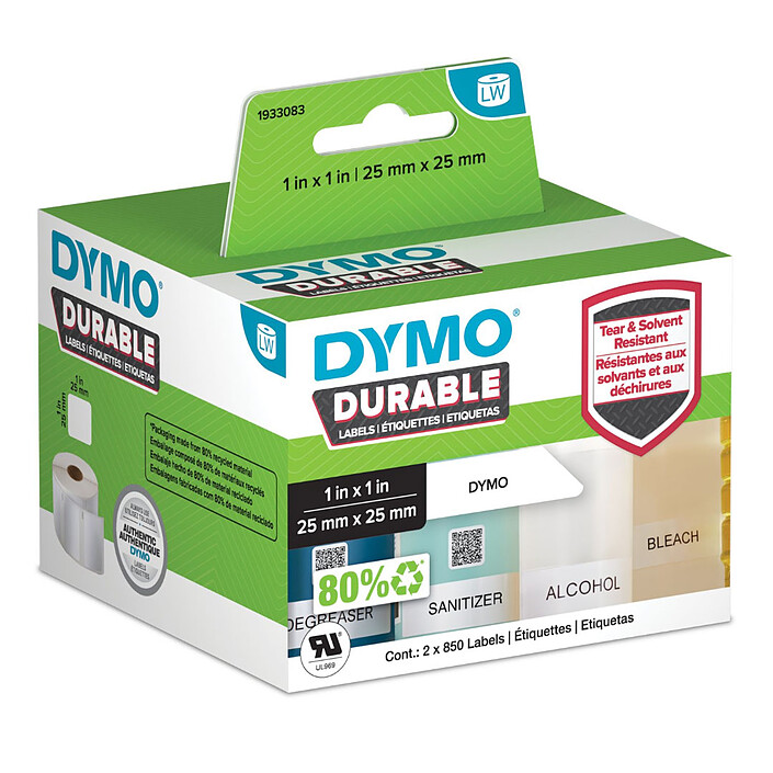DYMO LW Pack de 2 rouleaux d'étiquettes universelles permanentes blanches - 25 x 25 mm