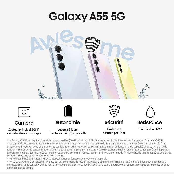 Avis Samsung Galaxy A55 5G Lilas (8 Go / 128 Go) · Reconditionné