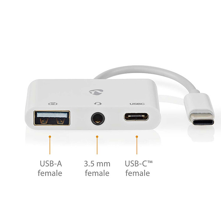 Avis Nedis adaptateur Multi-Ports USB-C vers 1xUSB-A + 1x USB-C + 1x Jack 3.5 mm - Blanc