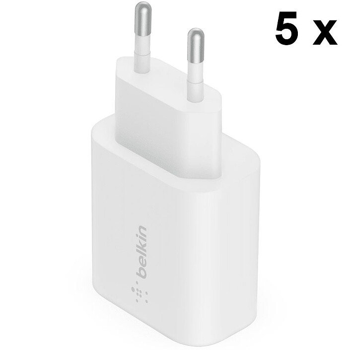 Belkin Confezione di 5x caricatori di rete USB-C da 25W per iPhone (20W) e Samsung (25W) - Bianco