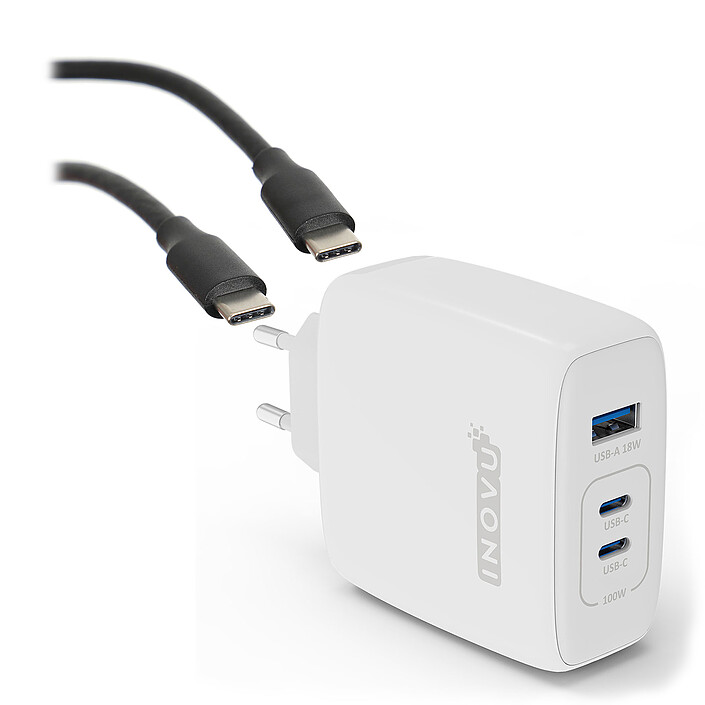 INOVU USB-C 100 W Power Delivery GaN wall charger + TEXTORM USB-C 3.1 Gen 2 (10 Gbps) cable - Male/Male - 1 M
