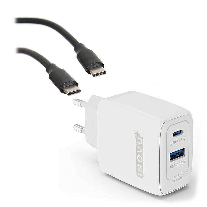 INOVU 65 W USB-C Power Delivery GaN wall charger + TEXTORM USB-C 3.1 Gen 2 (10 Gbps) cable - Male/Male - 1 M