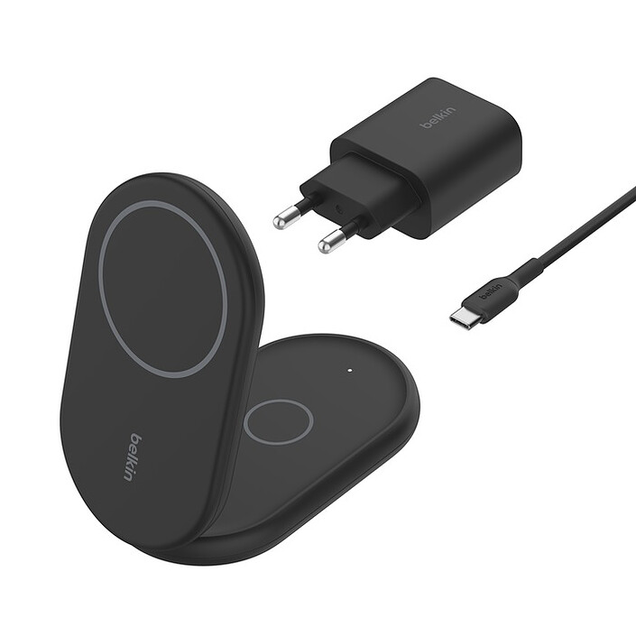 Belkin Chargeur Magsafe Qi2 15 W pour iPhone Stand et AirPods 2 en 1 (Noir)