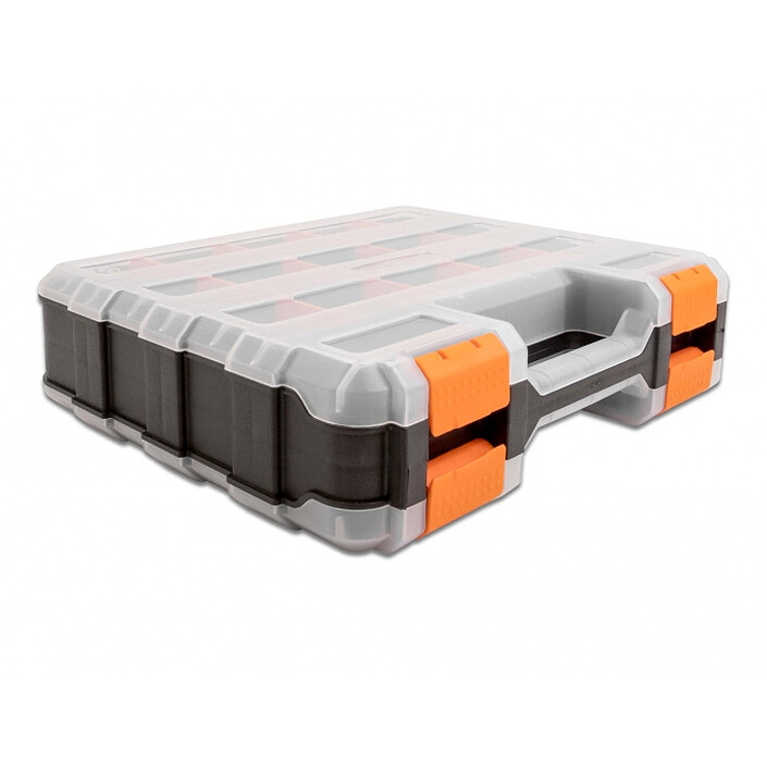 Caja de almacenaje DeLock para tornillos y accesorios, 34 compartimentos Naranja/Negro