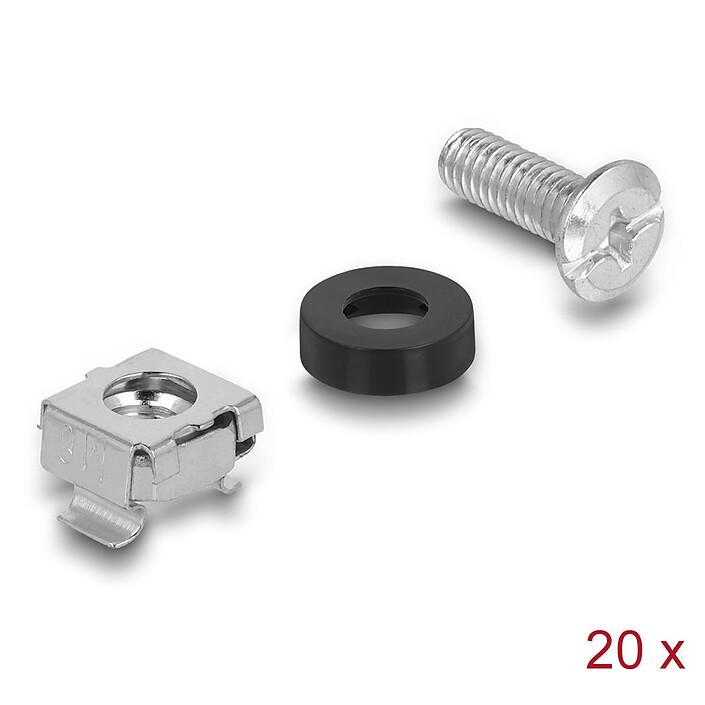 Kit de montaje en bastidor DeLock con 20 tornillos M6, 20 tuercas M6 y 20 arandelas de plástico