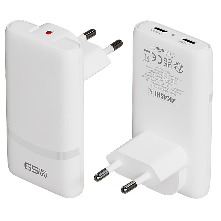 Akashi Cargador de Pared GaN 65W Universal Doble USB-C + 3 enchufes 150 países
