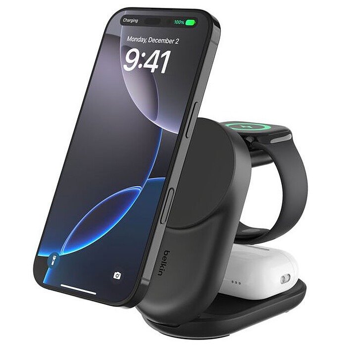 Soporte de carga magnético plegable 3 en 1 Belkin UltraCharge con Qi2 (negro)
