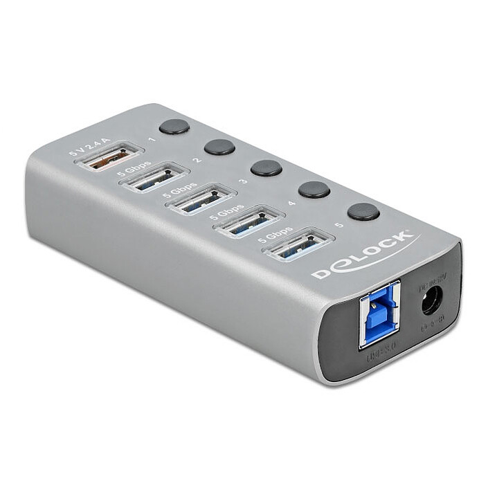 Nota Hub USB 3.0 DeLock a 5 porte con 1 porta di ricarica USB-A dedicata (5V 2.4A)