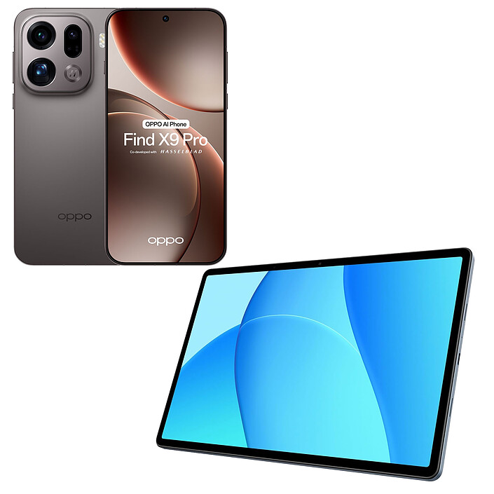 OPPO Find X9 Pro Charbon Titane (16 Go / 512 Go) + OPPO Pad SE Bleu Crépuscule (4 Go / 128 Go) OFFERTE !