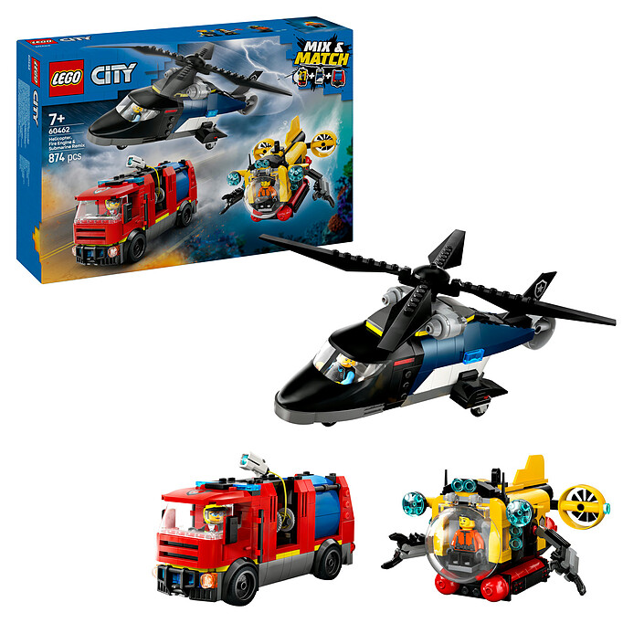 Avis LEGO City 60462 Hélicoptère, camion de pompiers et sous marin modulable