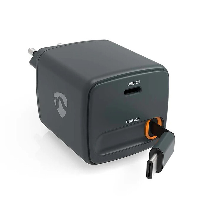 Nedis 65W wall charger 2 USB-C ports including 1 with retractable cable - GaN - PD 3.0 65W (Black)