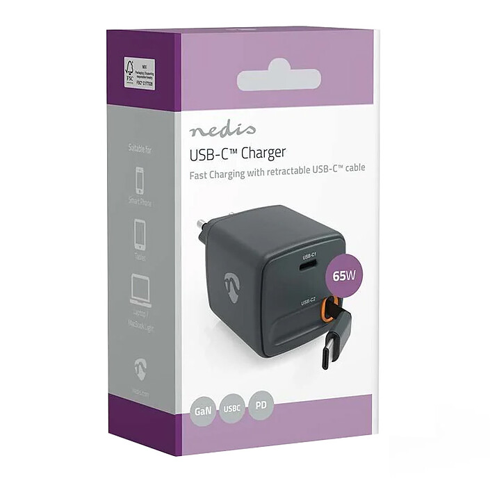 Buy Nedis 65W wall charger 2 USB-C ports including 1 with retractable cable - GaN - PD 3.0 65W (Black)