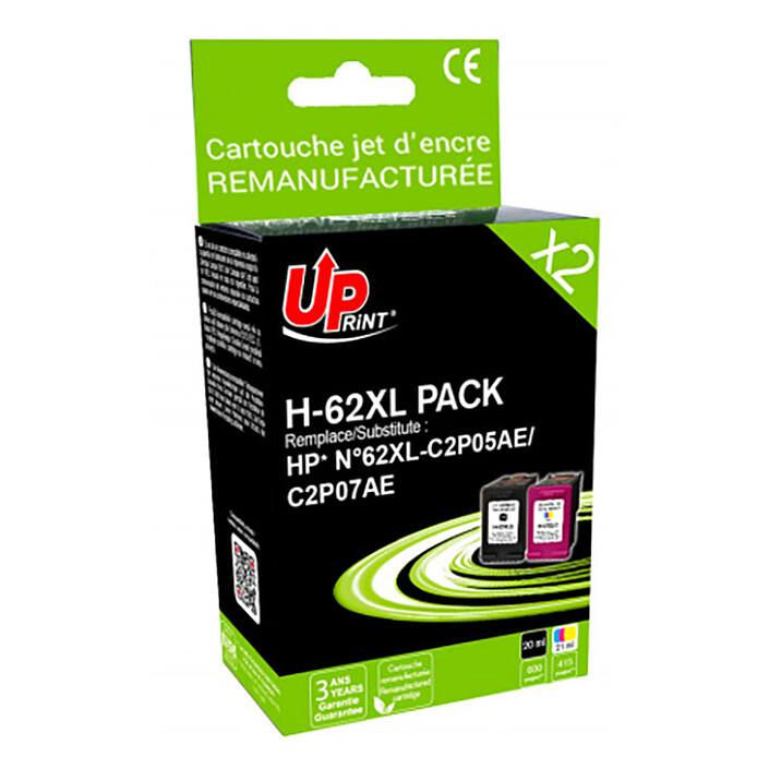 UPrint Pack de 2 cartouches compatibles HP 62XL (Noir/Couleur)