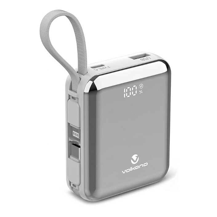 Volkano Solace Series 10 000 mAh with integrated USB-C and Lightning cables (White and Silver)