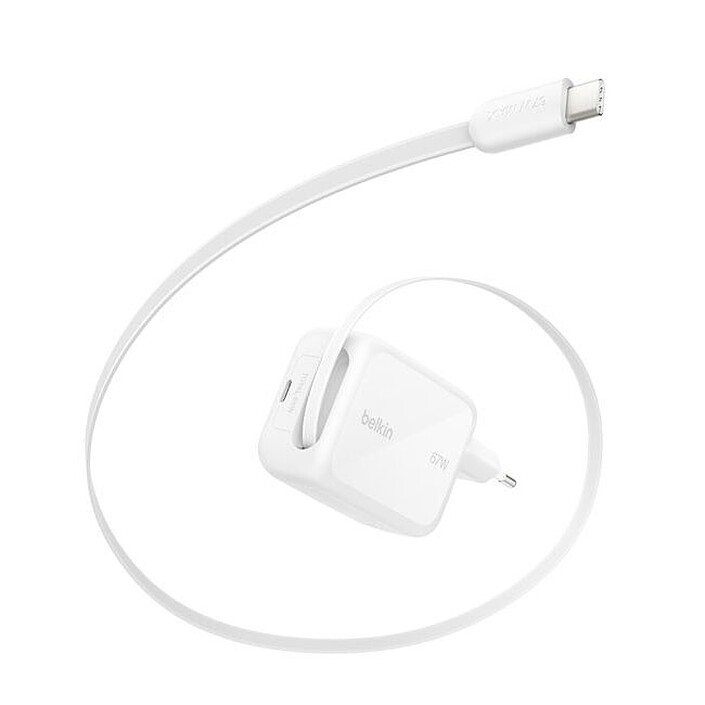 Belkin Chargeur USB-C 67W avec cable retracTable d'1m et port USB-C (Blanc)