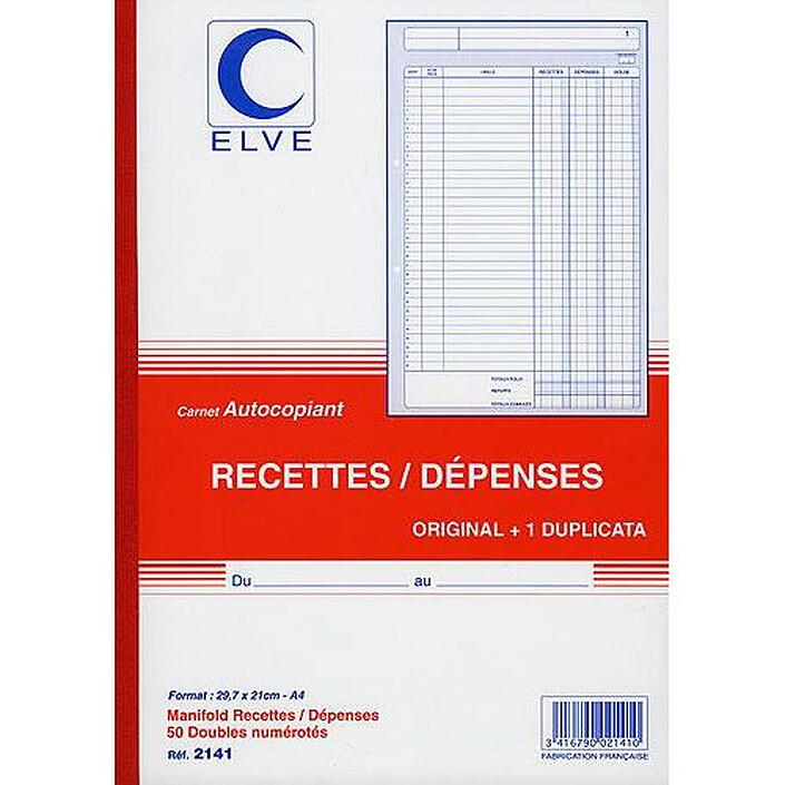 ELVE Imprimé autocopiant recettes/dépenses - 50 feuilles A4