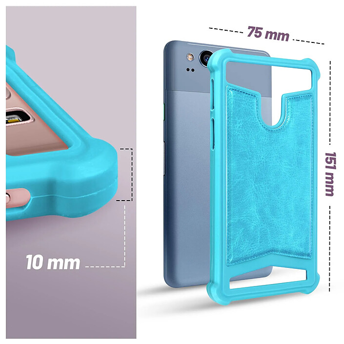 Avizar Coque Smartphone 5'' à 5.3'' Silicone Gel Coins Bumper Dos Effet Cuir Turquoise pas cher