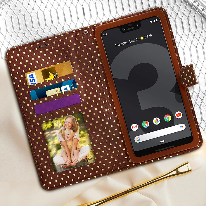 Avizar Étui à Pois pour Smartphone 5,3 à 5,5 Clapet Portefeuille Support et Miroir pas cher