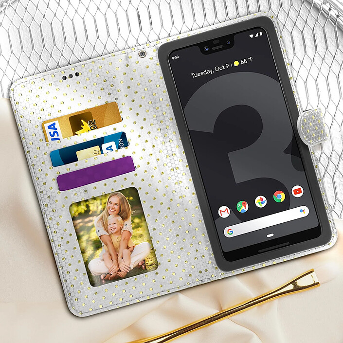 Avizar Etui à Pois Smartphone 5,0 à 5,3 Clapet Portefeuille Support et Miroir argent pas cher