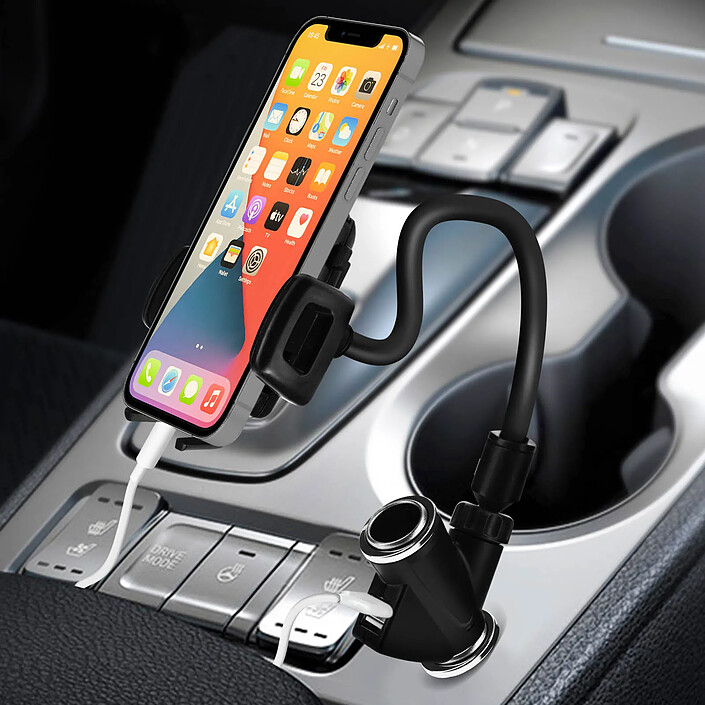 Support Auto Téléphone Prise Allume-cigare avec 2 USB + Prise Allume-cigare Noir pas cher