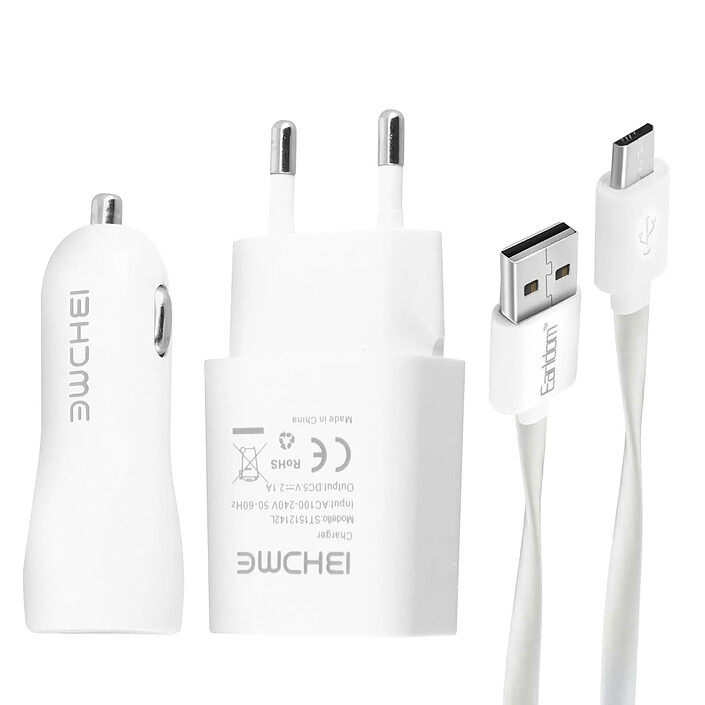 Avizar Pack 3 en 1 Chargeur Secteur 2.1A Chargeur Voiture 2.1A et Câble Micro-USB