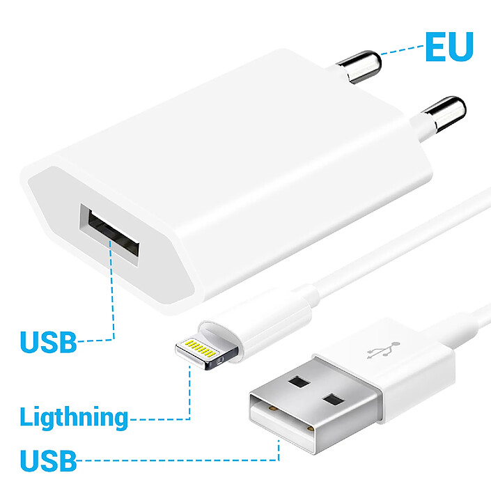Avis Avizar Chargeur Secteur USB pour iPhone 1A 5W avec Câble USB-A vers Lightning 1m Blanc
