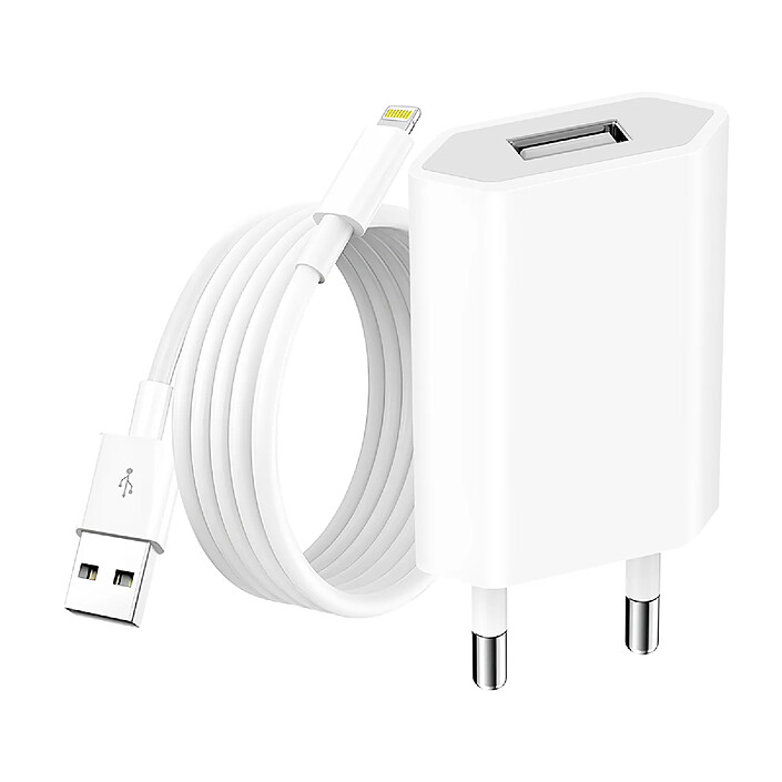 Avizar Chargeur Secteur USB pour iPhone 1A 5W avec Câble USB-A vers Lightning 1m Blanc