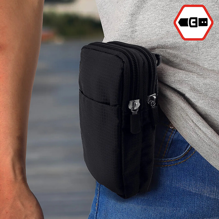 Avis Étui Ceinture pour Smartphone Passant Ceinture Mousqueton Lanière 2 Poches Noir