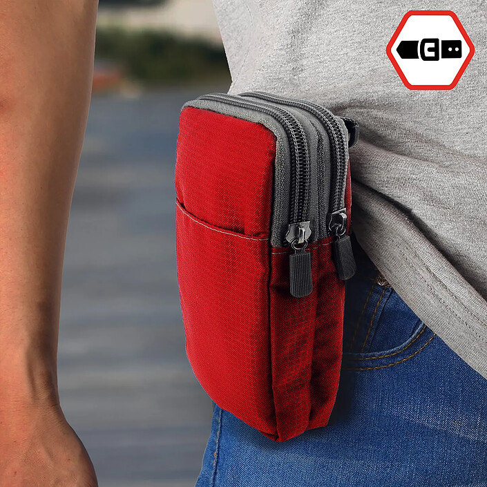 Avis Avizar Etui Ceinture Smartphone Passant Ceinture Mousqueton Lanière 2 Poches Rouge