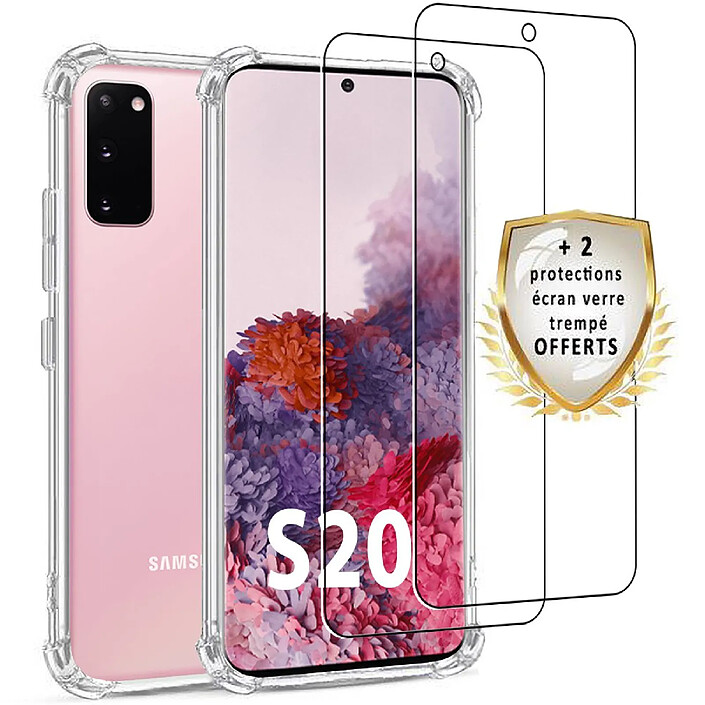Evetane Coque Samsung Galaxy S20 Antichoc Silicone + 2 Vitres en verre trempé Protection écran ultra résistant